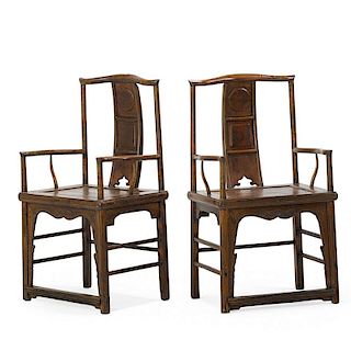 PAIR OF CHINESE ELM & BURL MING STYLE ARM CHAIRS