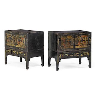PAIR OF CHINESE BLACK LACQUER CABINETS ON STANDS