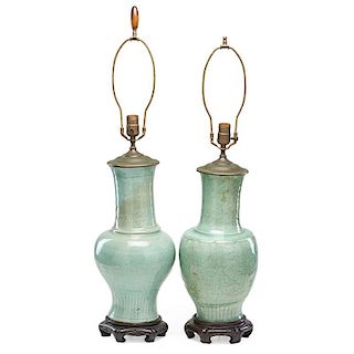 ASSOCIATED PAIR OF CELADON GLAZED LAMPS