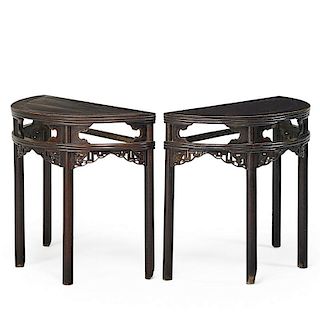 PAIR OF BROWN LACQUER DEMILUNE CONSOLE TABLES