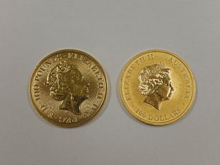 2014 Australia $100 & 2019 U.K. 100 Pounds Gold Coins. 