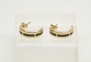 14K Yellow Gold & Brown Enamel Earrings.