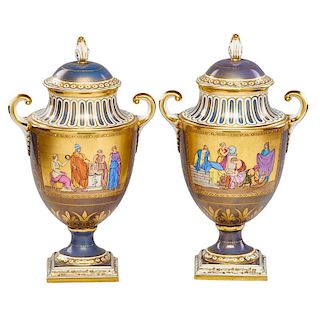 PAIR OF ROYAL VIENNA PORCELAIN COVERED URNS