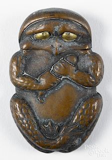 Japanese mixed metal figural frog match vesta safe, 2 3/8'' h.