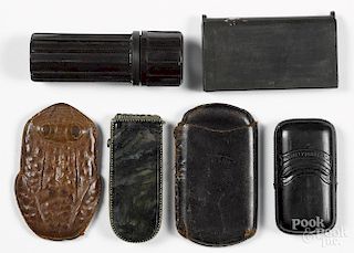 Six miscellaneous match vesta safes, to include one figural leather frog, one hardstone