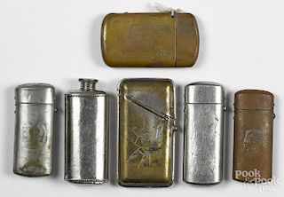 Six engraved match vesta safes, to include one with a fishing creel and net, one with a cat