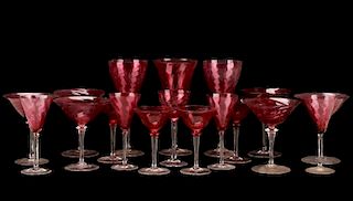 Group of Cranberry & Clear Swirl Glasses, Steuben
