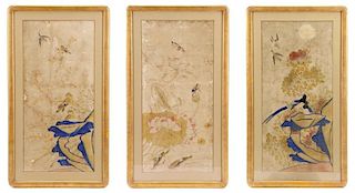 Chinese Triptych "Fresco" Painting, Bird & Flower