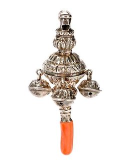 19th C. Sterling & Coral Baby Rattle, George Unite