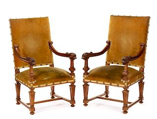 Pair, Louis XIII Style Upholstered Throne Chairs