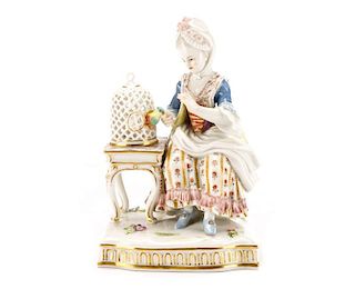 Meissen Porcelain Figurine, Woman w/Bird Cage