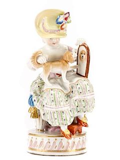 Meissen Porcelain Figurine Girl w/Dog & Mirror