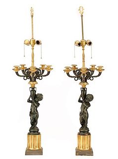 Pair, French Gilt & Patinated Brass Cherub Lamps