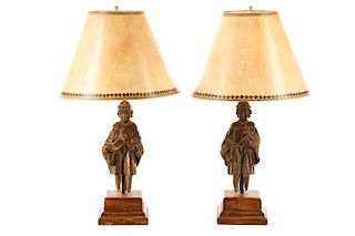 Pair, Carved Oak Figural Fragment Table Lamps