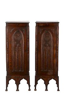 Pair, English Gothic Revival Stained Oak Cabinets