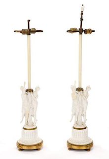 Pair, Sevres Figural Bisque Lamps, Signed Langnau
