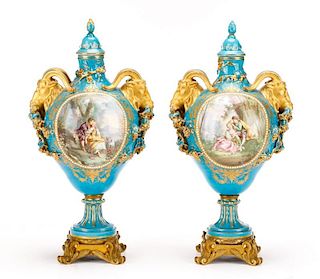 Pair Sevres Bleu Celeste Porcelain Lidded Urns