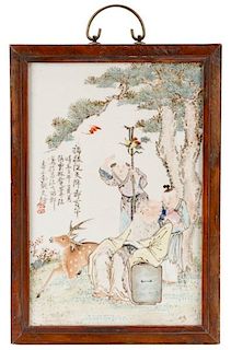 Chinese Framed Porcelain Plaque w/ Figural Scene