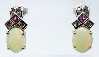 14k Gold Genuine Natural Opal Post Earrings w/ Pink Sapphire & Diamonds 