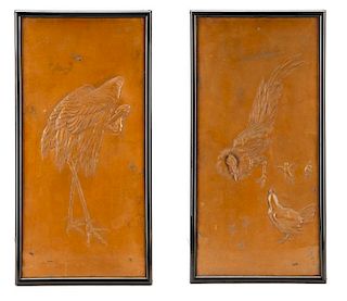 Pair of Japanese Chased Copper Panels, Signed