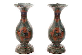 Pair, Large 19th C. Signed Cloisonne Floor Vases