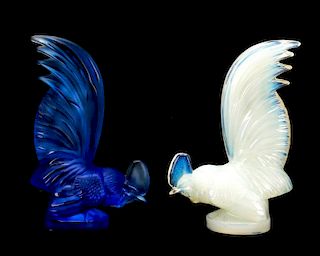 Pair Rooster Coq Nain Paperweights After Lalique