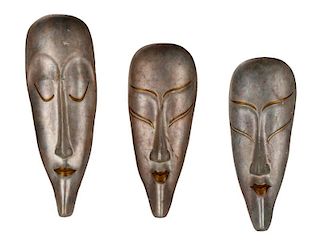 Collection Of 3 Ceramic Glazed Masks, Lucite Bases