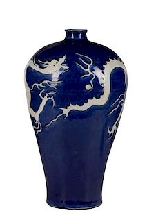 Chinese Cobalt Blue Gazed Meiping w/Incised Dragon