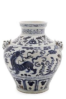 Chinese Squat Porcelain Jar w/ Tiger Mask Handles