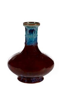 Unique Flambe Glazed Chinese Vase, Bamboo Neck