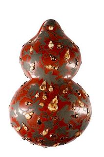 Chinese Lacquered Gourd Form Box w/Bone Inlay
