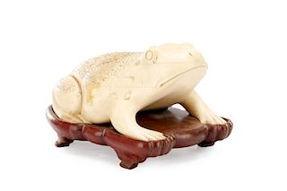 Large Chinese Carved Bone Frog on Wooden Base