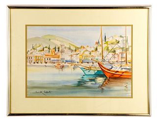 Janick Lederlè, "Riviera Harbor Scene", Watercolor