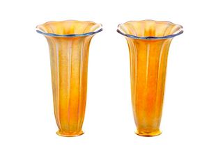 Pair, Iridescent Tulip-Form Art Glass Shades