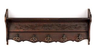 Carved Oak & Wrought Iron Wall Mounting Coat Rack