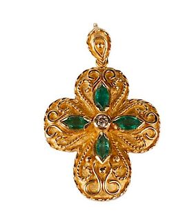 18k Gold, Emerald & Diamond Cross Pendant