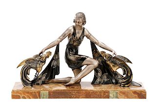 G. Arisse, "Femme Avec Coqs", Art Deco Sculpture