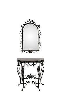 Wrought Iron Neoclassical Motif Console & Mirror