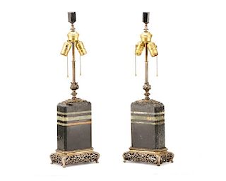 Pair, Black Stone and Agate Banded Table Lamps