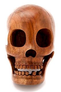 Contemporary Carved Wood Sculpture, "Human Skull"
