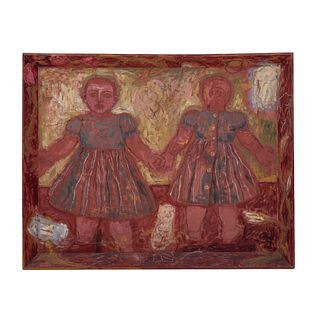 ROCÍO MALDONADO. (Tepic, Nayarit, 1951 - ) Retrato doble. Firmada y fechada ROM-69 al reverso. Mixta sobre tela con marco de madera.