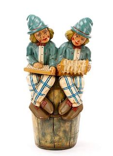 Carved Wood Carnival Prop, Two Jesters on Barrel