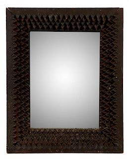 Tramp Art, Layered Notch Carved Wooden Wall Mirror