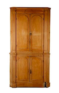 American Carved Pine Two-Part Corner Cabinet