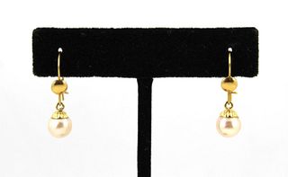 14K Yellow Gold & Pearl Pendant Earrings, Vintage