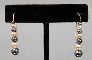 14K Yellow Gold Hematite & Gold Bead Wire Earrings