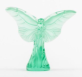 Lalique "Butterfly Rosee" Green Glass Sculpture