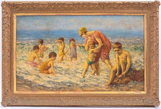 F. Massey, Beach Scene, Oil On Canvas