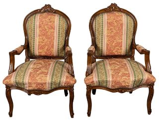 Louis XV Style Carved & Upholstered Armchairs, Pr