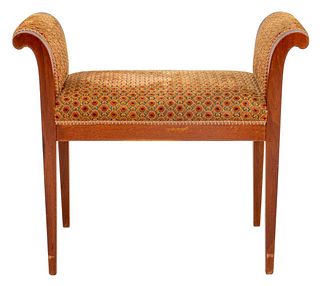 Upholstered Mahogany Bench With Roll Over Arms